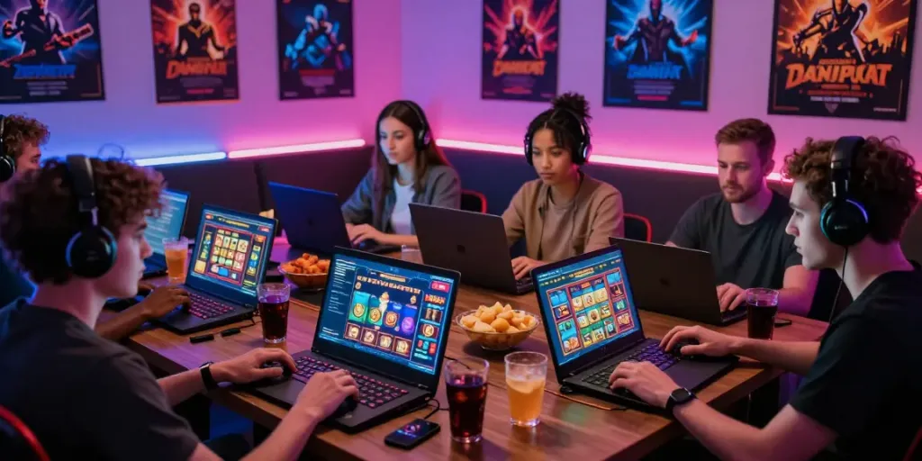 Players enjoying non UK casino games in a vibrant lounge environment.