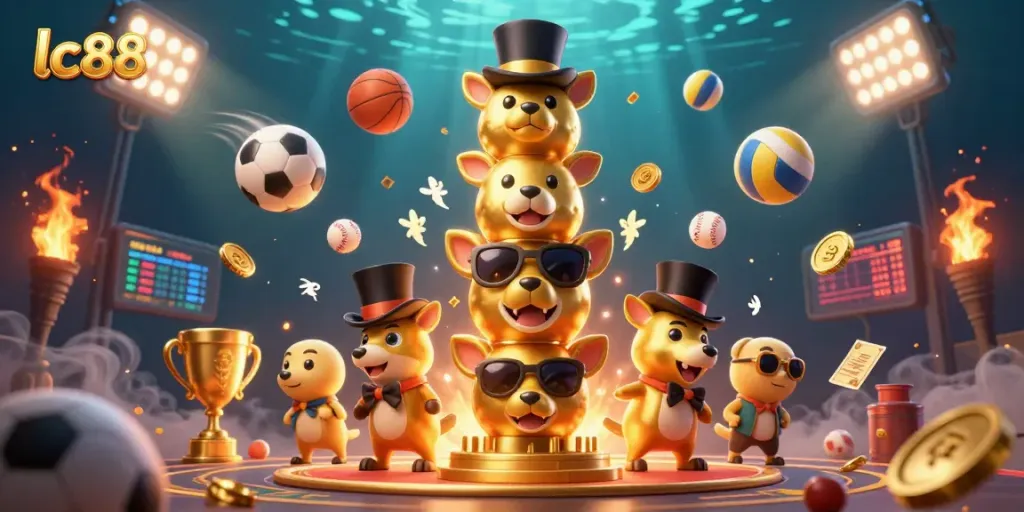 Bet on lc88 with a vibrant casino scene filled with gold coins, sports balls, and energetic characters.