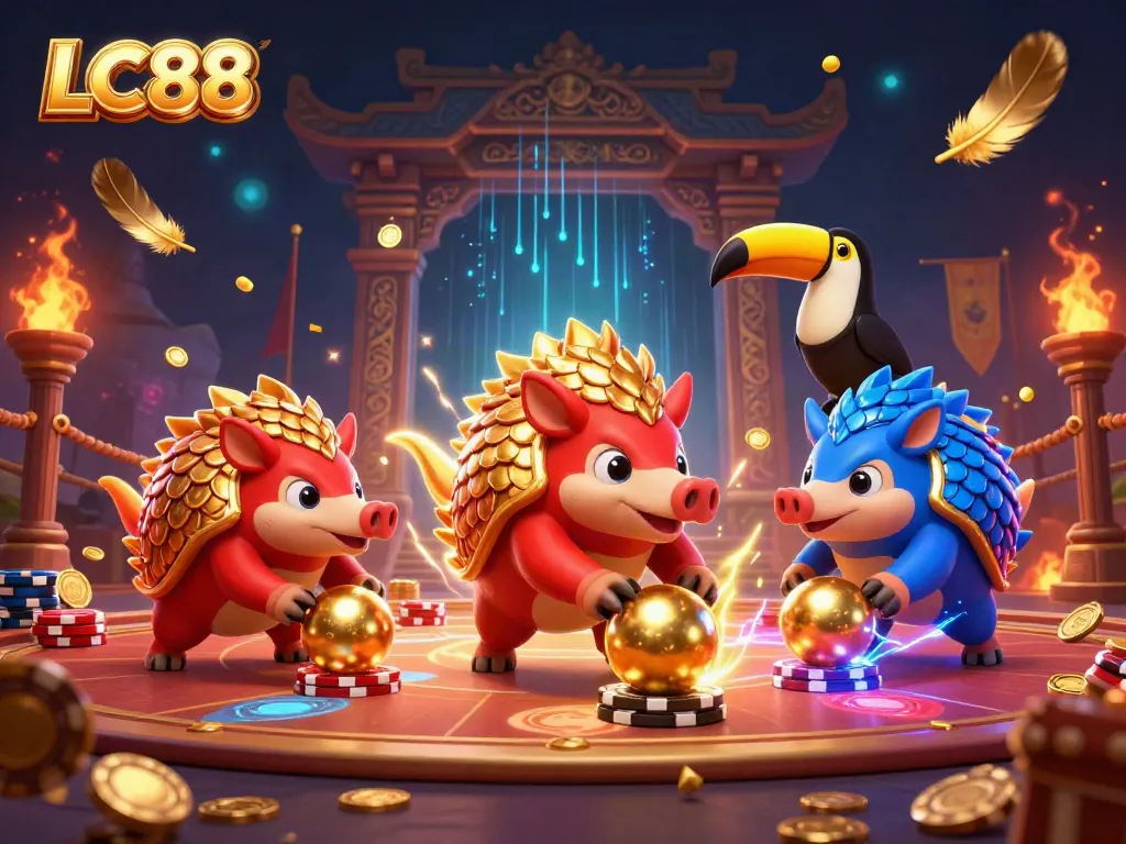 Experience the thrilling competition of LC88 with rival pangolins in a vibrant casino scene.