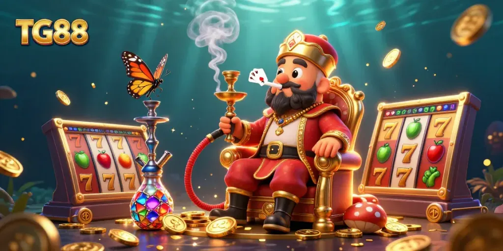 TG88 spins to life with a vibrant scene of slot reels, lucky symbols, and a stunning caterpillar master.