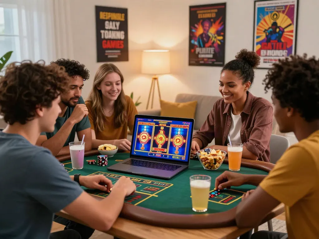 Diverse friends enjoying a non UK casino game night with snacks and drinks.