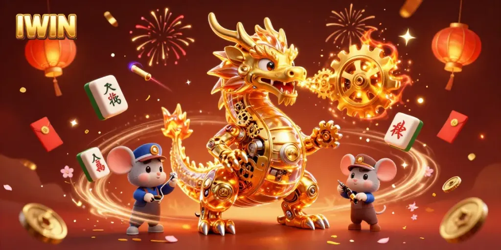 IWIN casino illustration featuring a golden dragon and gaming elements in a vibrant scene.