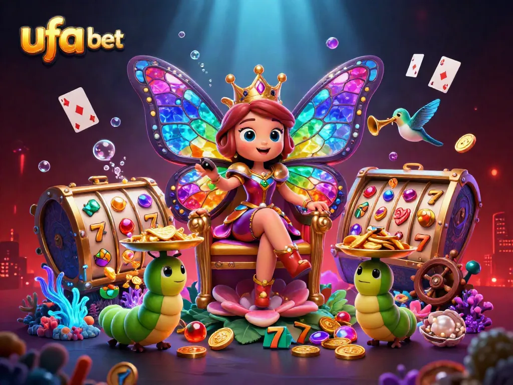 Experience the excitement of ufa bet with colorful slots, a butterfly queen, and gold coins in this vibrant illustration.