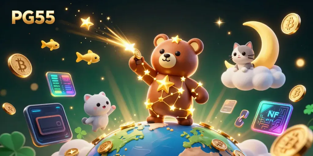 Play exciting games at PG55 with golden stars and cryptocurrency coins illuminating the sky.