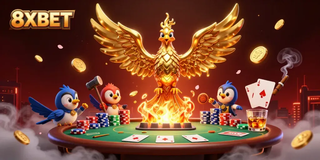 Experience thrilling moments in 8XBET with a dynamic scene featuring a golden phoenix, poker elements, and vibrant casino atmosphere.