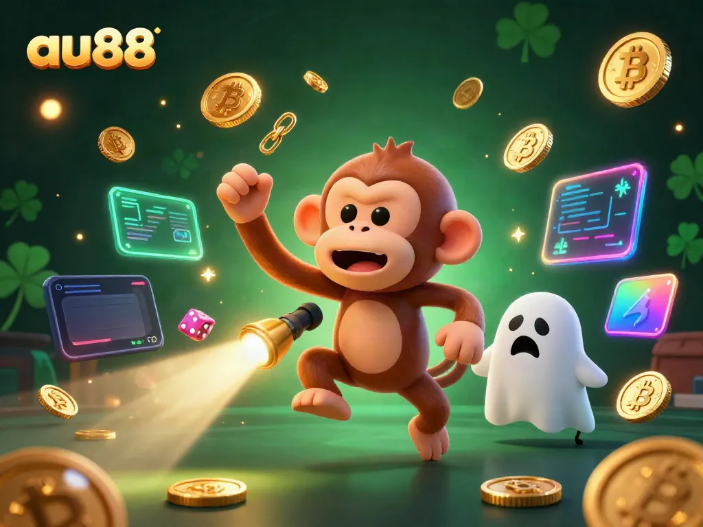 Experience the thrill of au88 with a lively poltergeist monkey juggling golden items in a haunted casino scene.