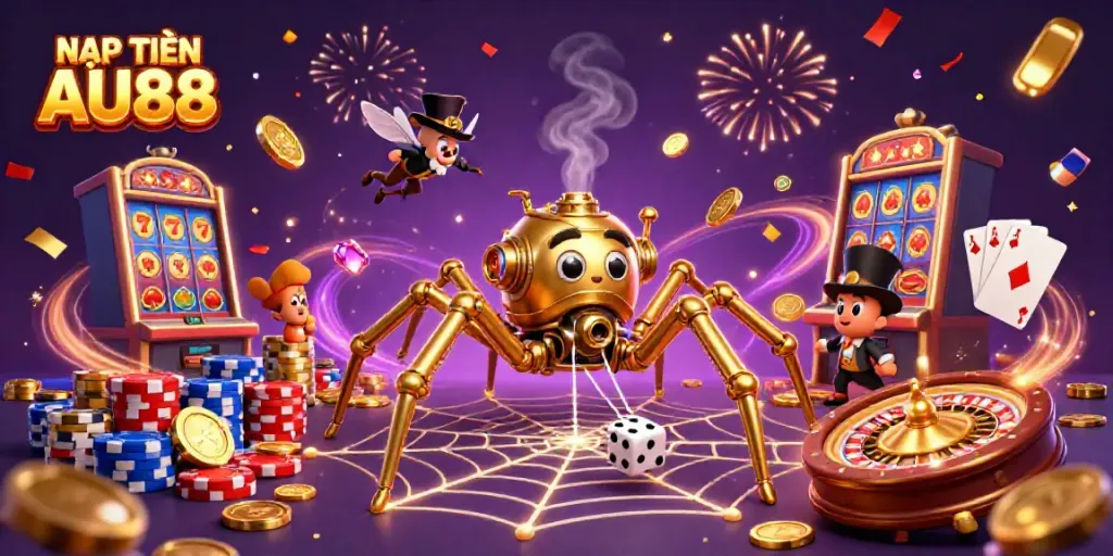 NẠP TIỀN AU88 in a steampunk-themed casino scene with dynamic slot machine elements and celebratory visuals.