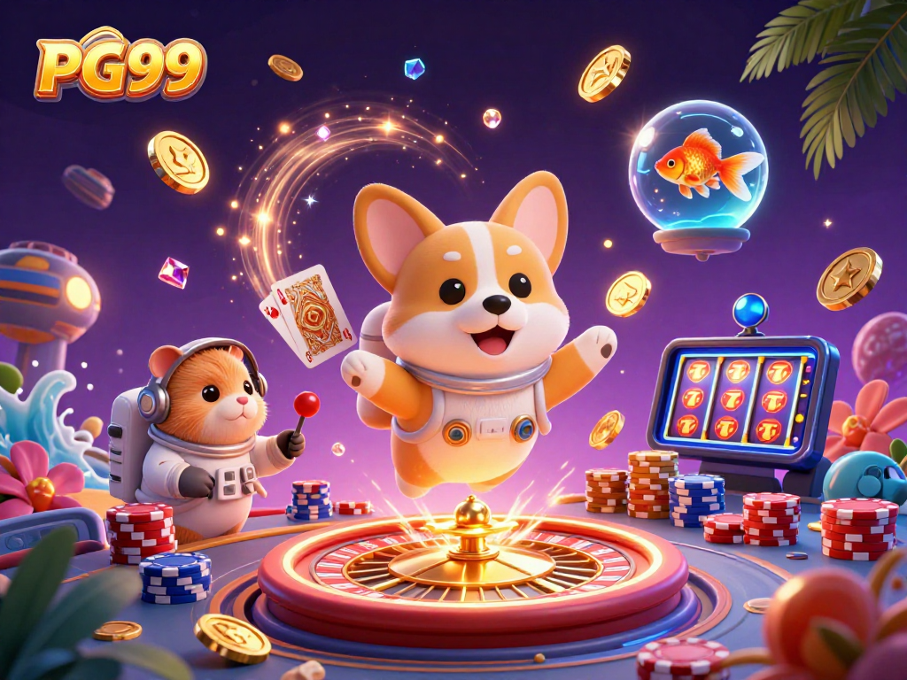 Floating PG99 casino adventure with a corgi, hamster, and goldfish amidst spinning games and golden coins.