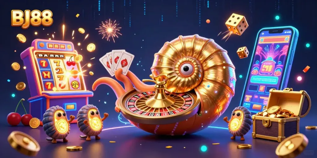 BJ88 thrills with a vibrant casino scene featuring a giant nautilus roulette and dynamic game elements.