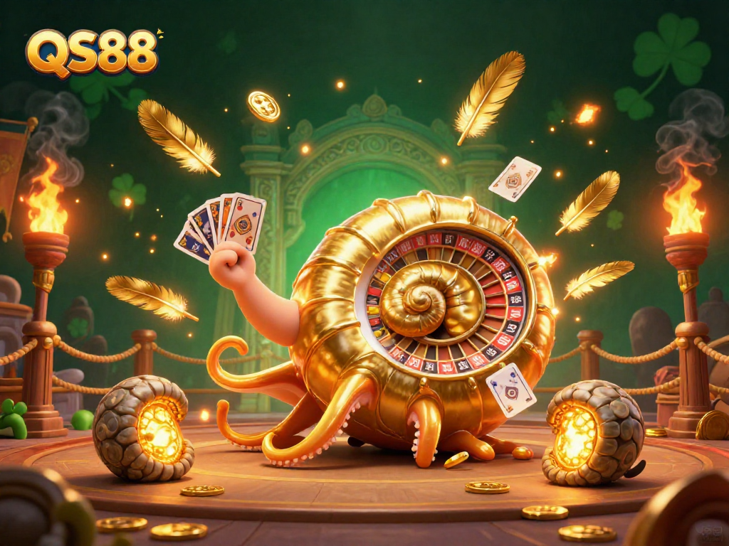 Experience thrilling casino action at QS88 with giant ancient nautilus, roulette elements, and dazzling games.