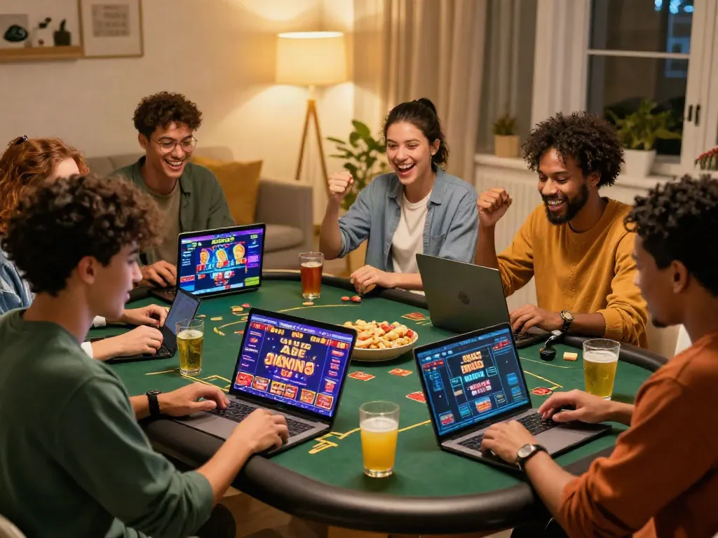 Group enjoying online gaming at a non UK casino in a cozy setting.