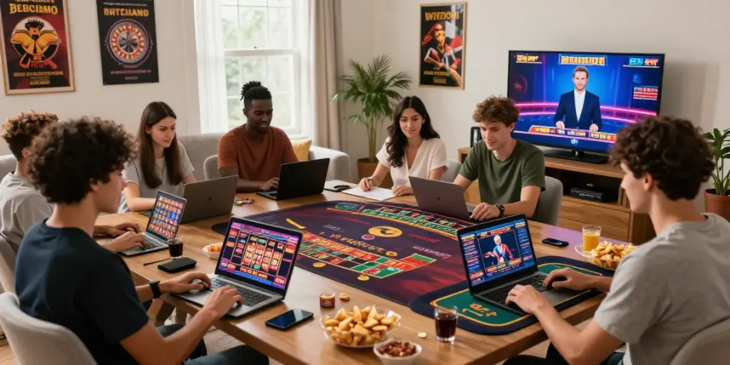 Exciting non UK casino gaming scene with diverse players enjoying virtual games in a cozy setting.