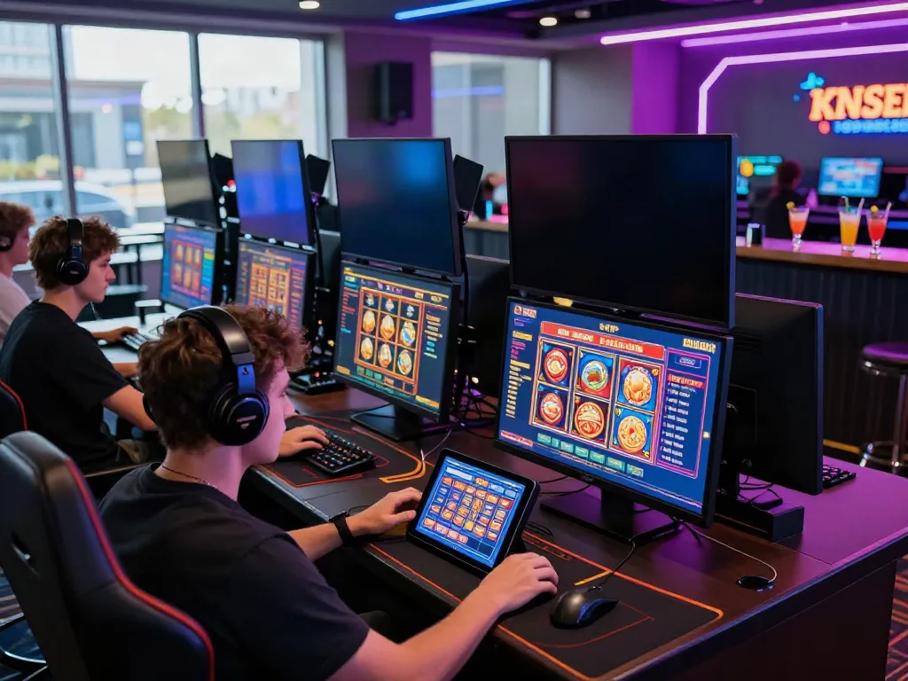 Exciting scene of gamers enjoying non UK casino games with vibrant neon lights and modern technology.