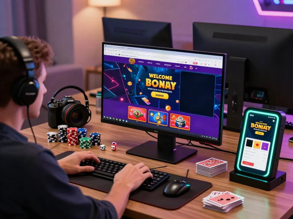 Engaging scene of a player exploring an online non UK casino with vibrant graphics and gaming accessories.