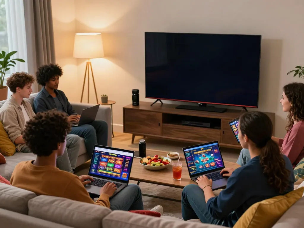 Friends enjoying games at a non UK casino in a cozy living room.
