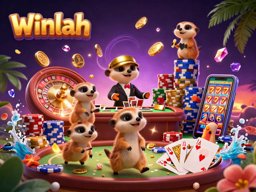 Winlah welcomes players to a vibrant casino scene with meerkats managing games and sparkling gold coins.