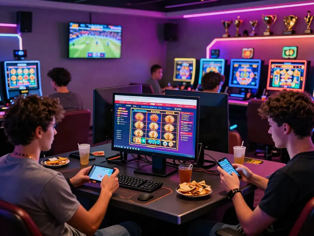 Players engaging with devices in a vibrant non UK casino gaming atmosphere