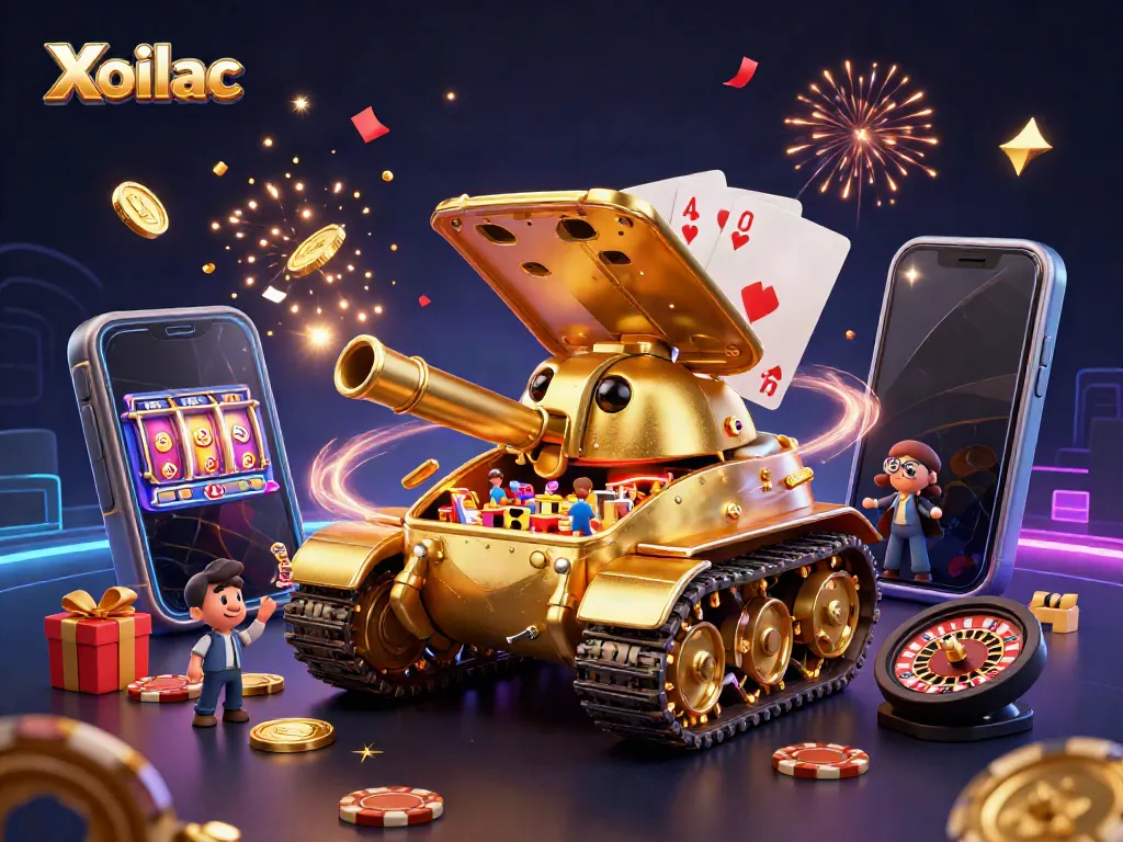 Xoilac offers a thrilling casino experience illustrated with a golden beetle tank revealing a vibrant casino scene.