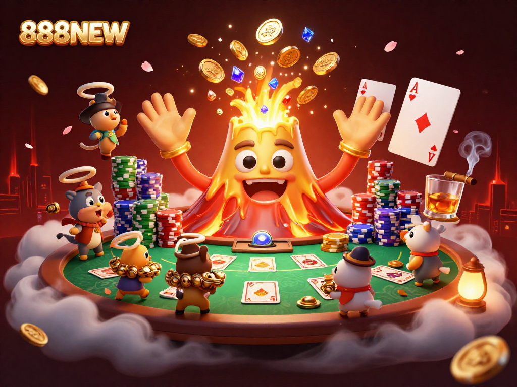 Experience thrilling gameplay at 888NEW with a vibrant 3D illustration of casino treasures and poker excitement.