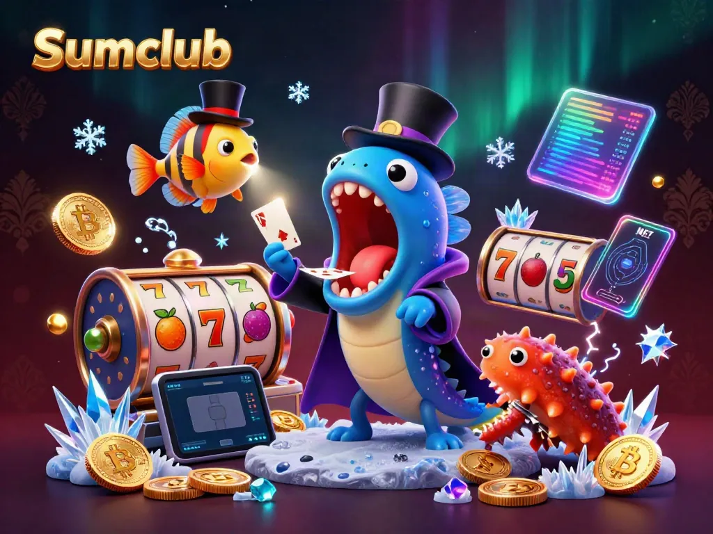 Experience Sumclub's thrilling casino magic with bioluminescent characters performing and vibrant gaming elements.