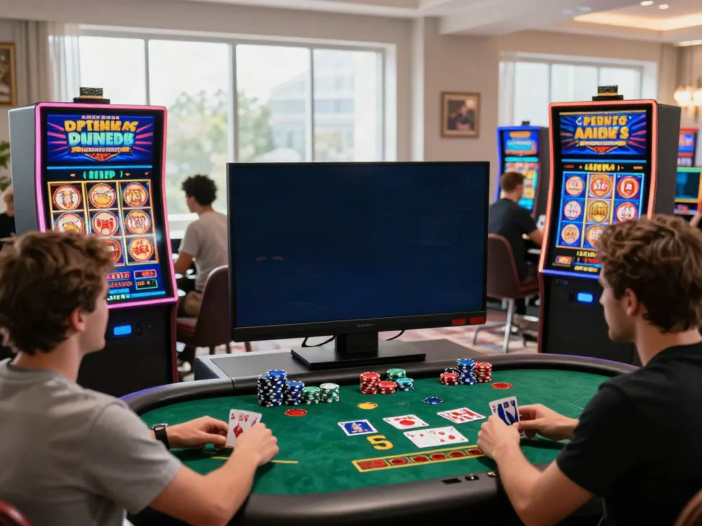 Engaging scene of a virtual non UK casino with players enjoying various games online.