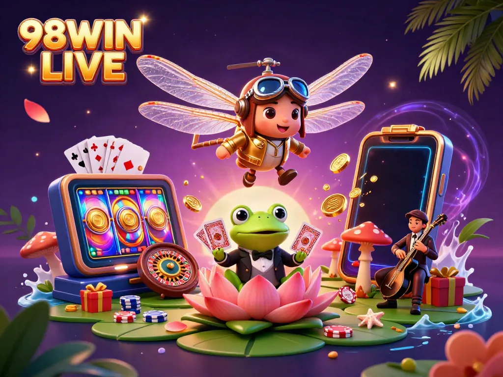 Experience the excitement of 98WIN LIVE with a vibrant casino scene featuring a dragonfly pilot and a frog croupier.