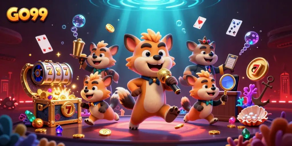 Experience the thrilling GO99 casino atmosphere with hyenas engaging in fun gaming antics.