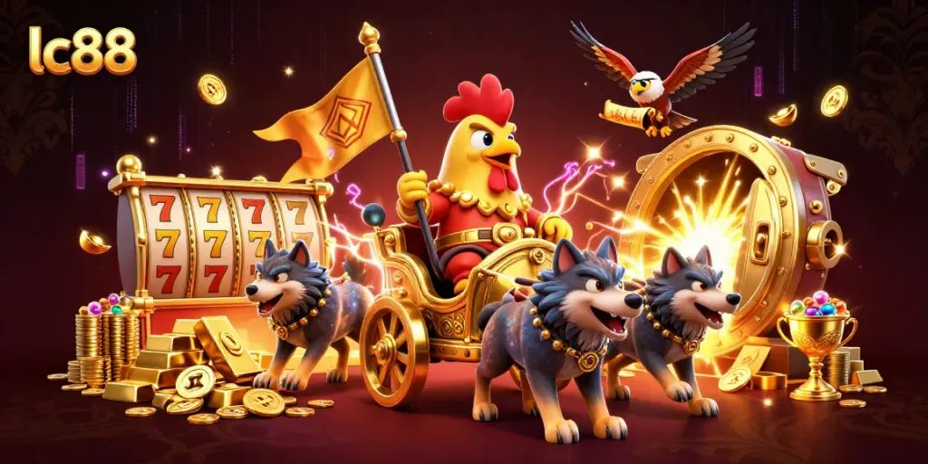 Join the thrilling excitement of lc88 casino slots with a dynamic rooster warlord and treasure!