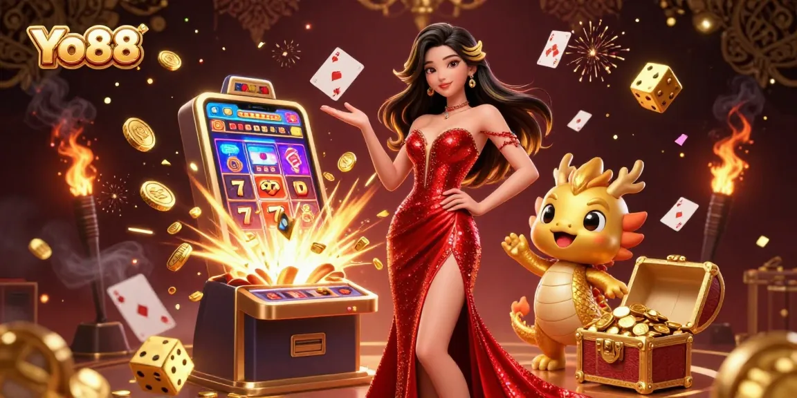 Spin the reels at Yo88, featuring an elegant Asian woman alongside a golden dragon, jackpot explosions, and vibrant casino elements.