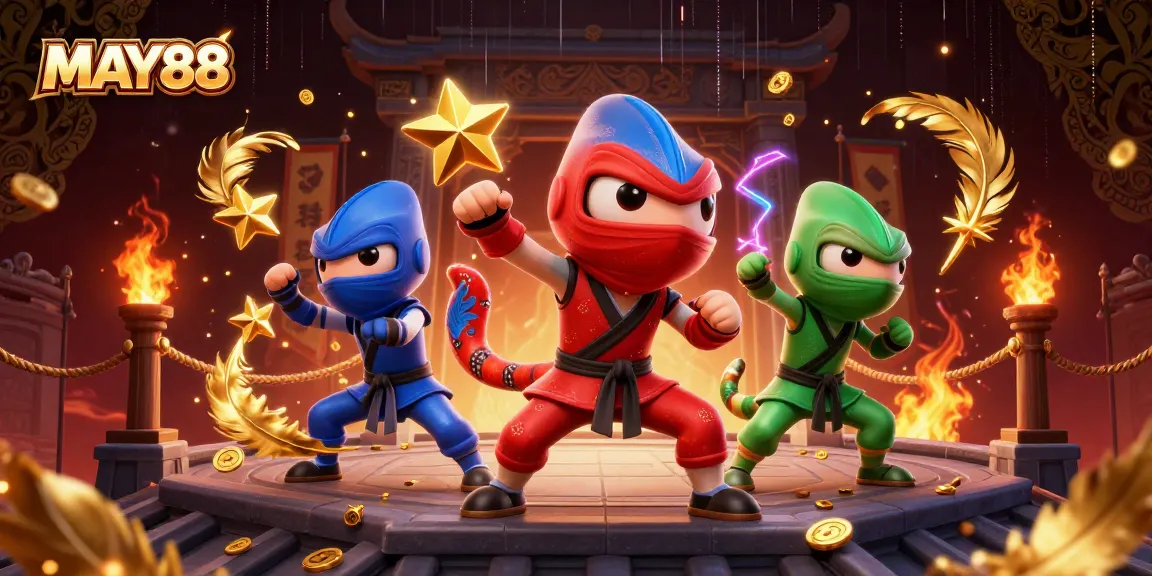 MAY88 showcases a dynamic 3D ninjas scene, embodying thrilling casino action with colorful characters.