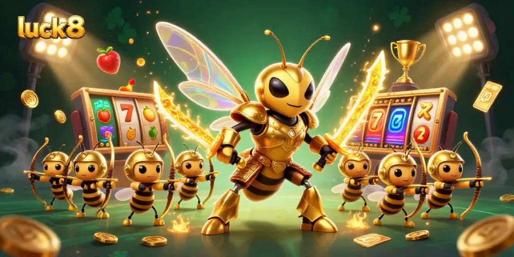 Engage with luck8's vibrant 3D casino world, featuring a golden hornet samurai and dynamic slot elements.