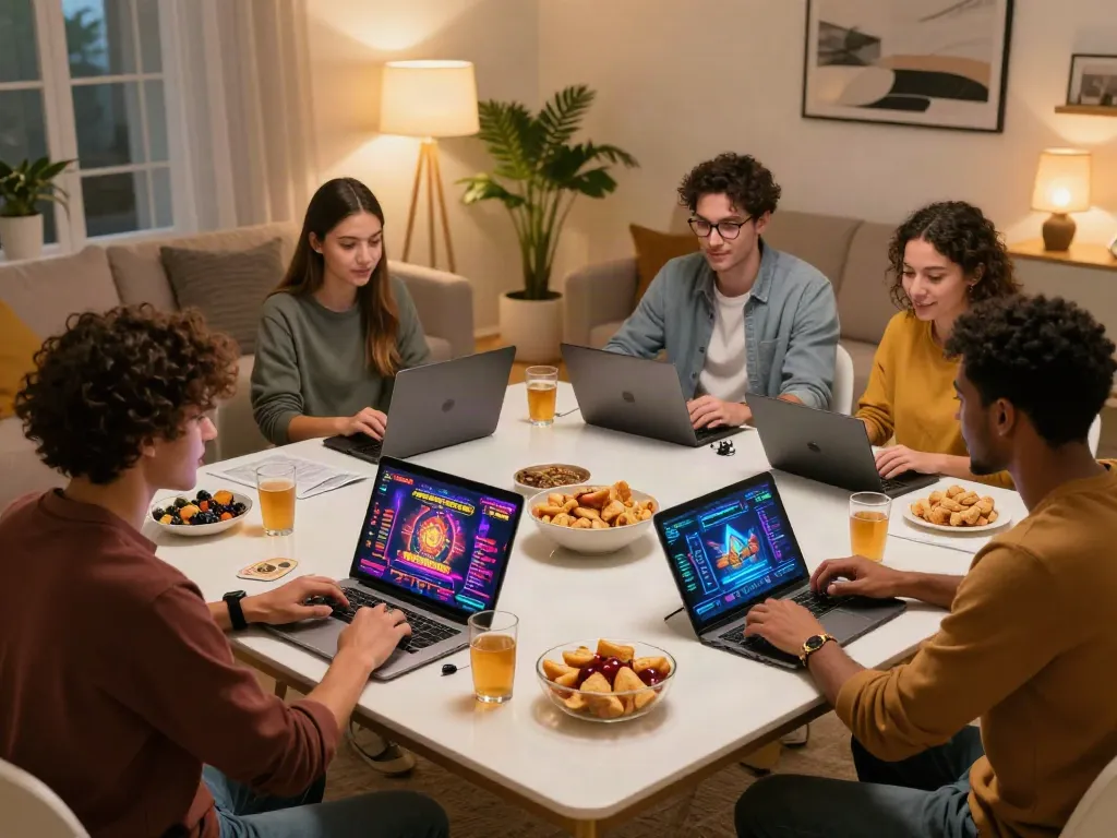 Exciting non uk casino gaming scene with friends enjoying online games at home.