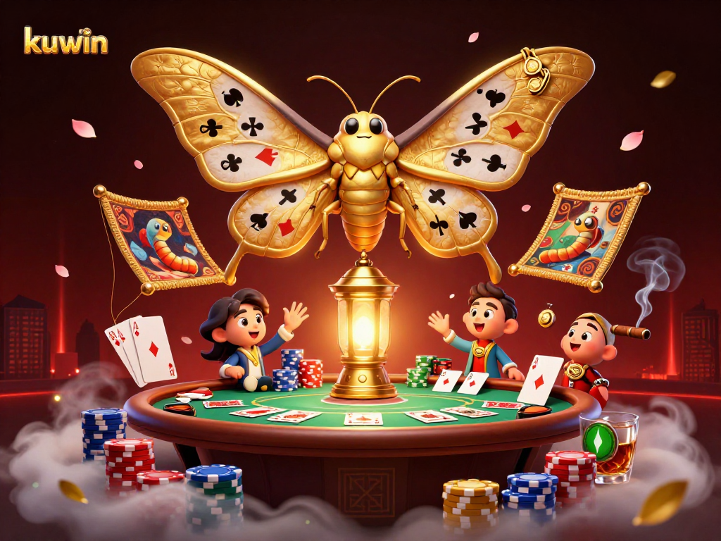 Kuwin's vibrant casino scene showcases an atlas moth and poker elements, inviting players into the game.