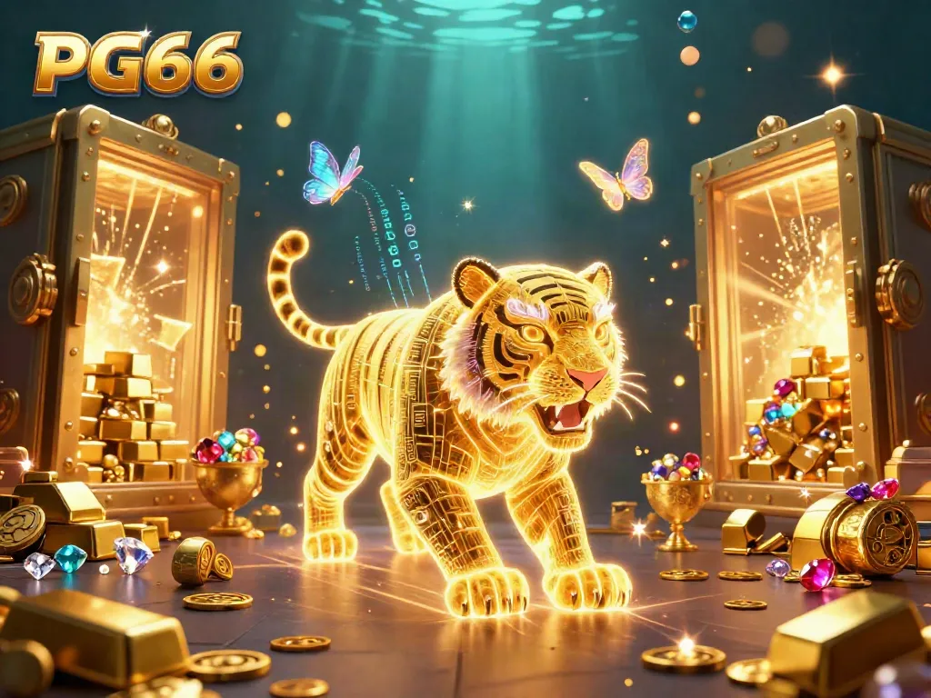 Experience thrilling gaming at PG66 with a neon-wireframe golden tiger in a dynamic casino scene.