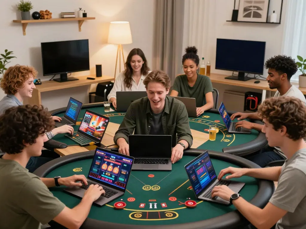 Engaging scene of players at non UK casino gaming tables, showcasing excitement and interaction in a modern home office.