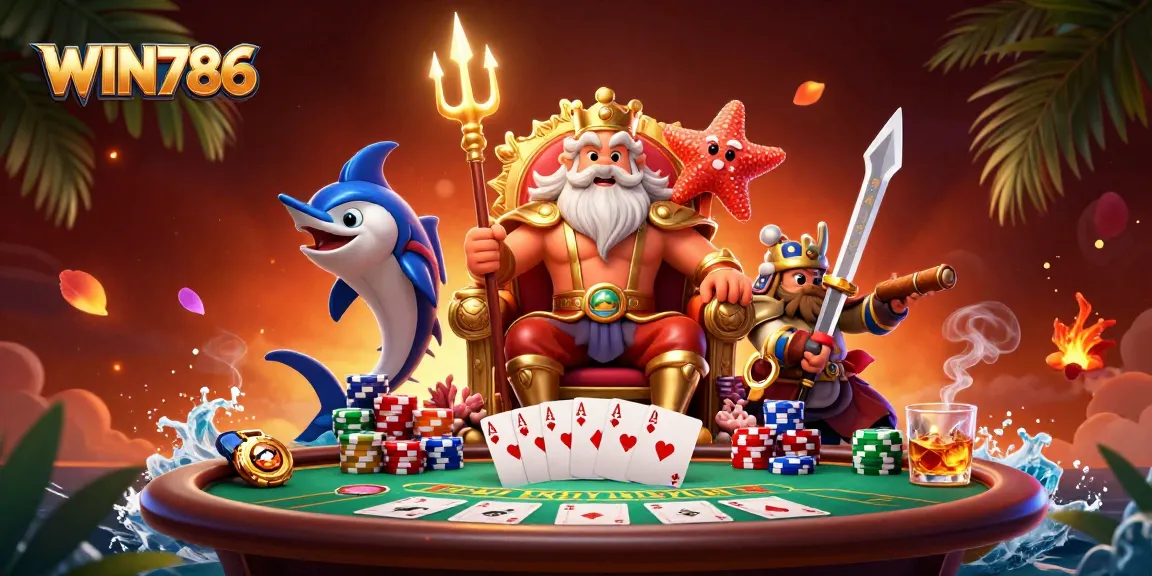 Experience the thrilling games at WIN786 with the vivid 3D illustration of Neptune surrounded by poker and gaming elements.