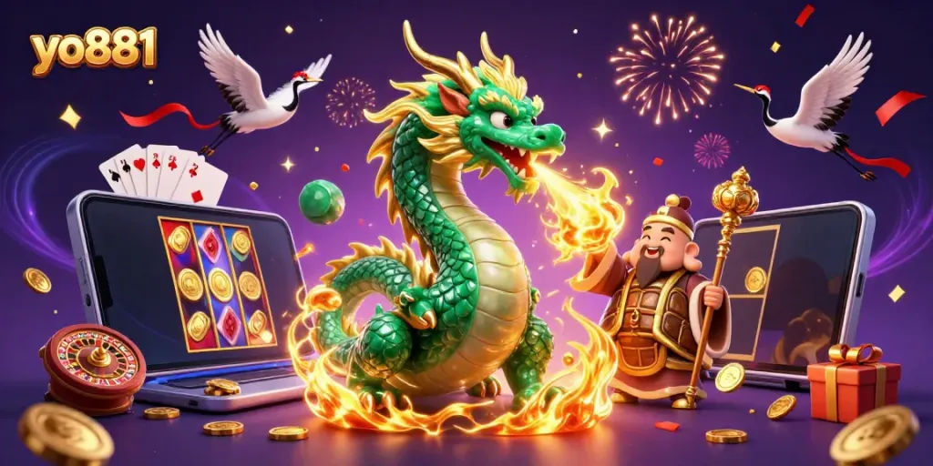 Experience the thrill of gaming with yo881 featuring a jade dragon and colorful casino elements.
