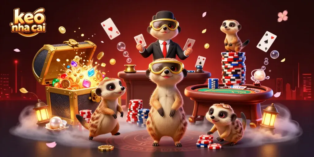 Engage with keo nha cai's lively meerkat casino scene featuring poker tables and colorful gambling elements.