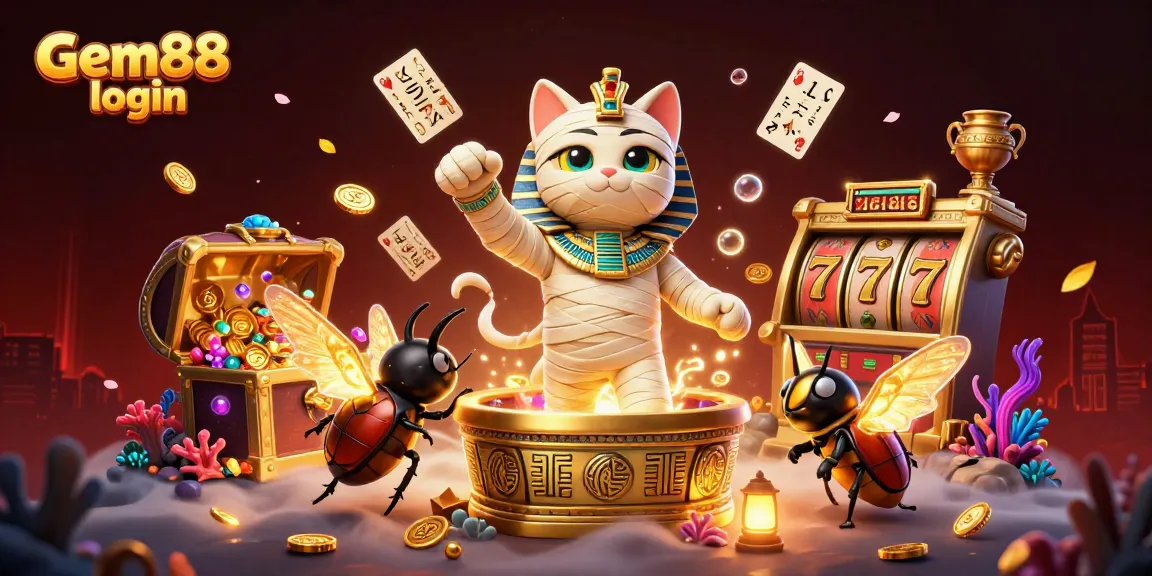 Experience gem88 login with a thrilling adventure in a vibrant pyramid casino featuring 3D characters and golden treasures.