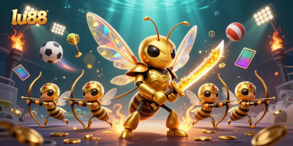 Experience the excitement of lu88 gaming with a vibrant 3D illustration of a golden hornet samurai and sports betting elements.