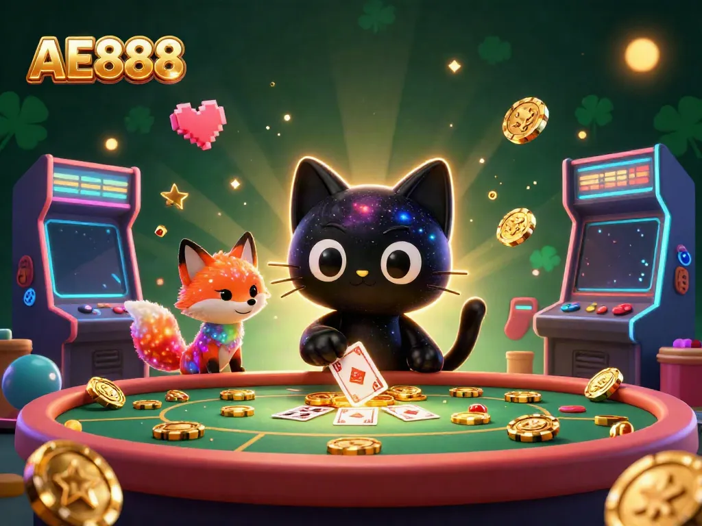 Experience thrilling entertainment at AE888 with a vibrant cosmic scene of a cat and fox surrounded by casino elements.