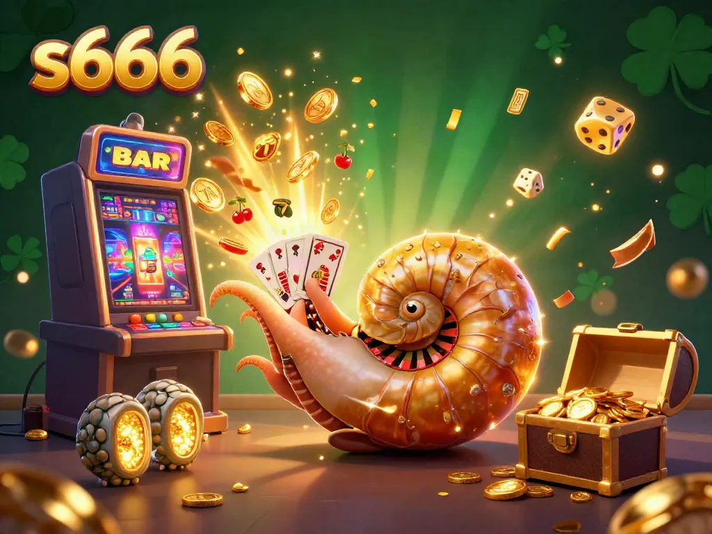 Join the excitement at s666's vibrant casino scene featuring a giant nautilus roulette wheel amidst bursts of winning actions.
