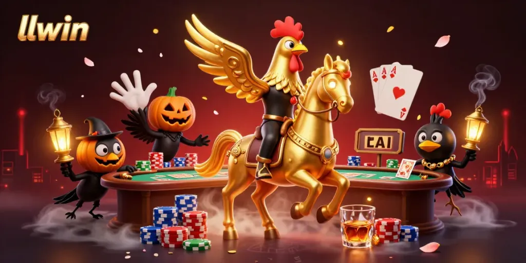 llwin casino showcases epic gaming with a golden rooster hero and mythical poker elements
