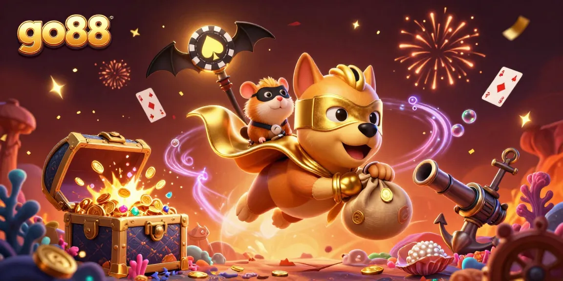 Chơi game tại Go88 với hình ảnh siêu anh hùng hàng đầu và thú cưng trong không gian lấp lánh.