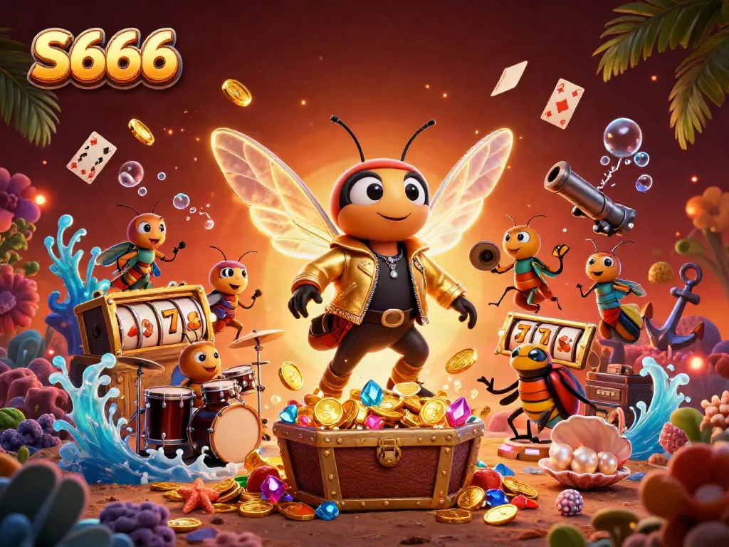 Experience high-stakes gameplay with S666, showcasing a vibrant casino environment filled with gold coins and winning slot reels.