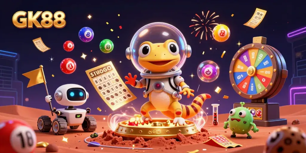 GK88 gecko mascot celebrates grand casino discovery with colorful lottery elements.