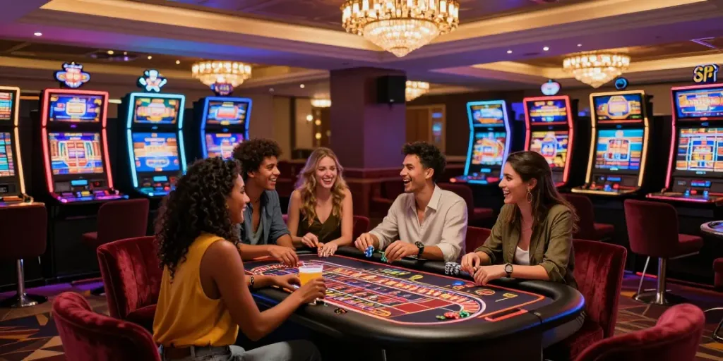 Friends enjoying a lively night at a non UK casino gaming lounge.