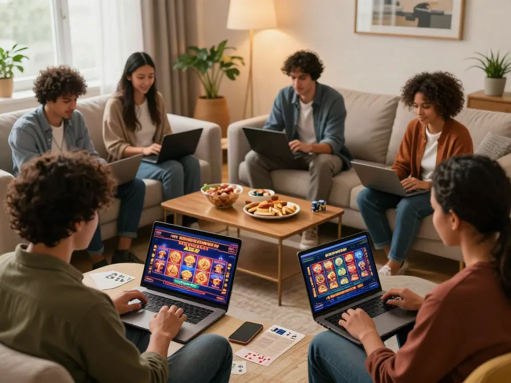 Enjoying a non UK casino experience in a cozy and inviting living room filled with players engaged in various games.