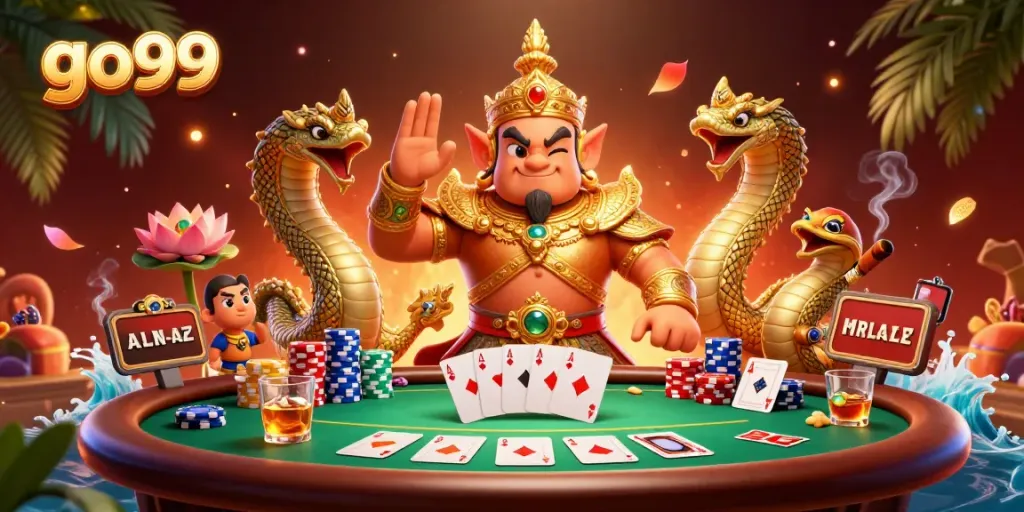 Engage with go99 and experience thrilling poker action in this vibrant 3D casino scene.