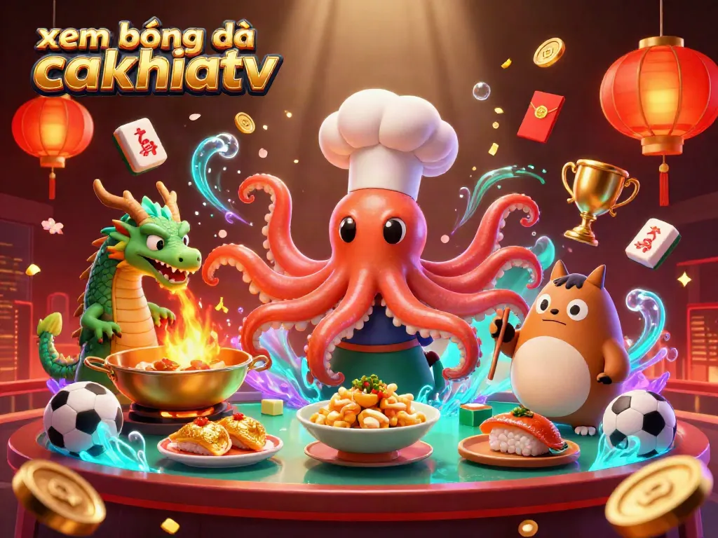 Xem bóng đá cakhiatv sports betting scene with an octopus chef and a dragon.